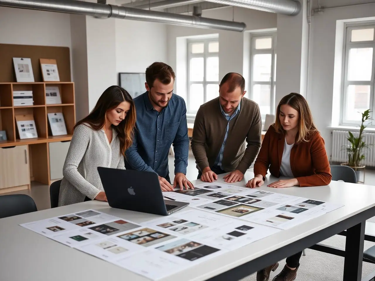 Agenturteam bespricht Entwürfe an einem großen Arbeitstisch