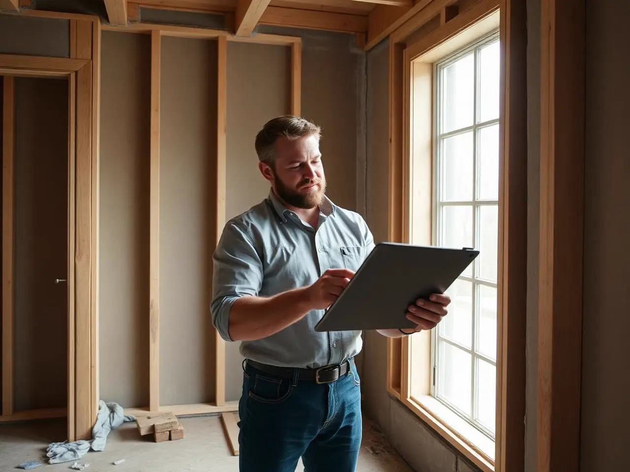 Handwerker auf einer Ausbaustelle mit Tablet
