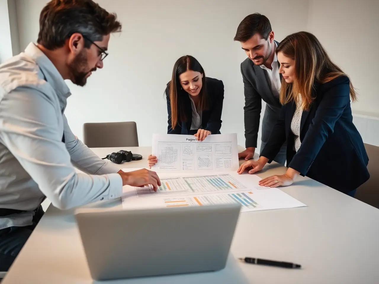 Projektteam bei der Koordination anhand technischer Zeichnungen