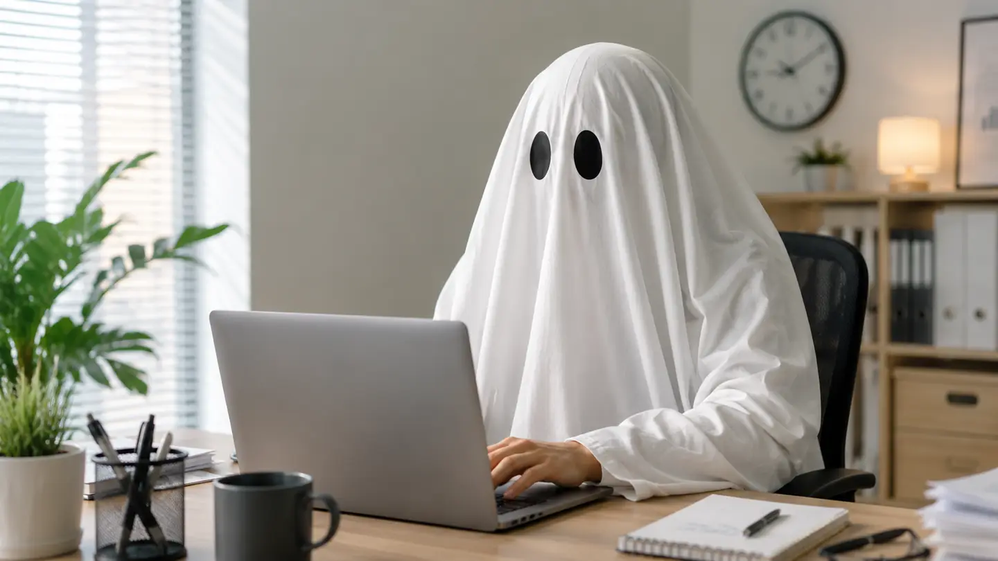 Ohne Offelio: Verkäufer im Geist-Kostüm vor dem Laptop – das Angebot bleibt ohne Antwort
