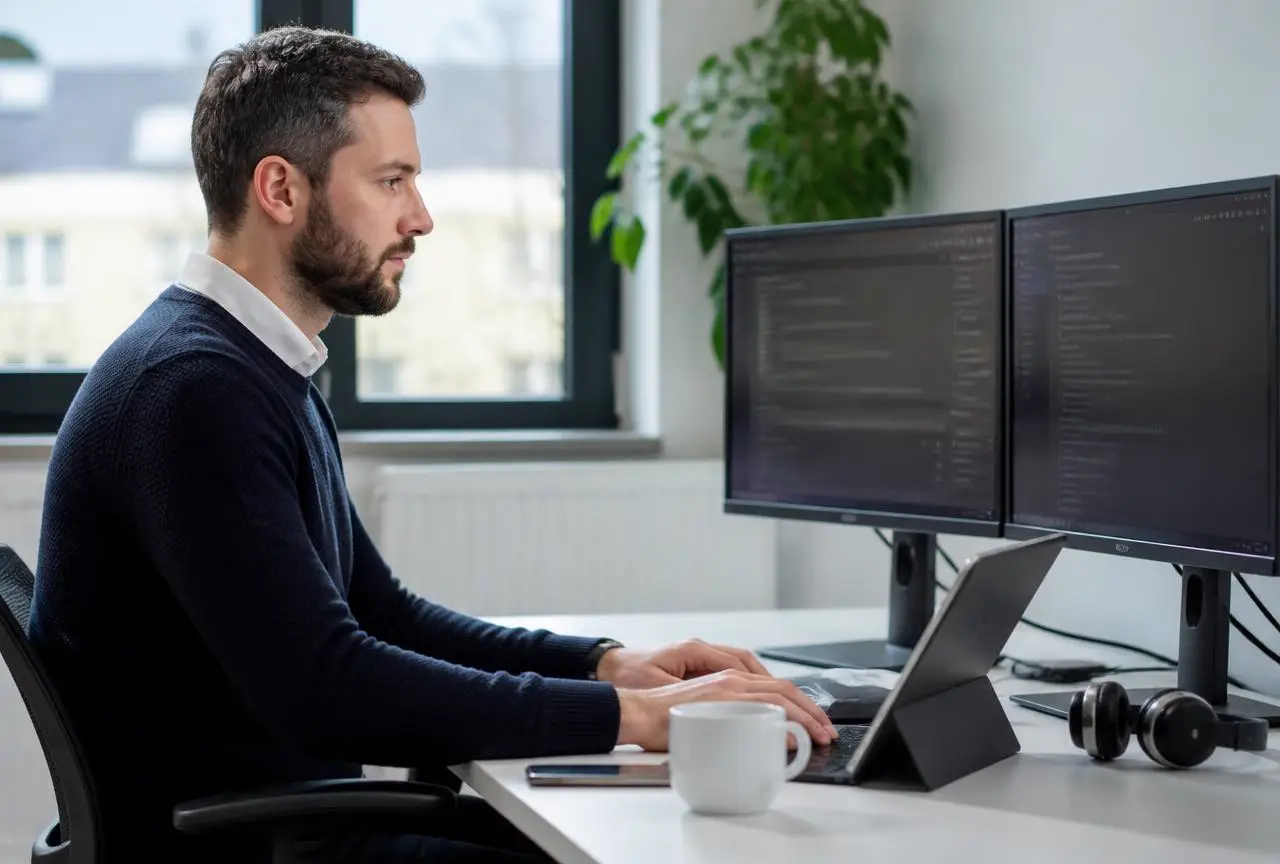 IT-Dienstleister arbeitet konzentriert an einem Arbeitsplatz mit zwei Monitoren